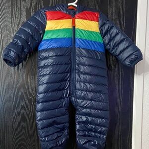 Primary Navy and Rainbow Baby’s One Piece Puffer Snowsuit Size 0-6 months